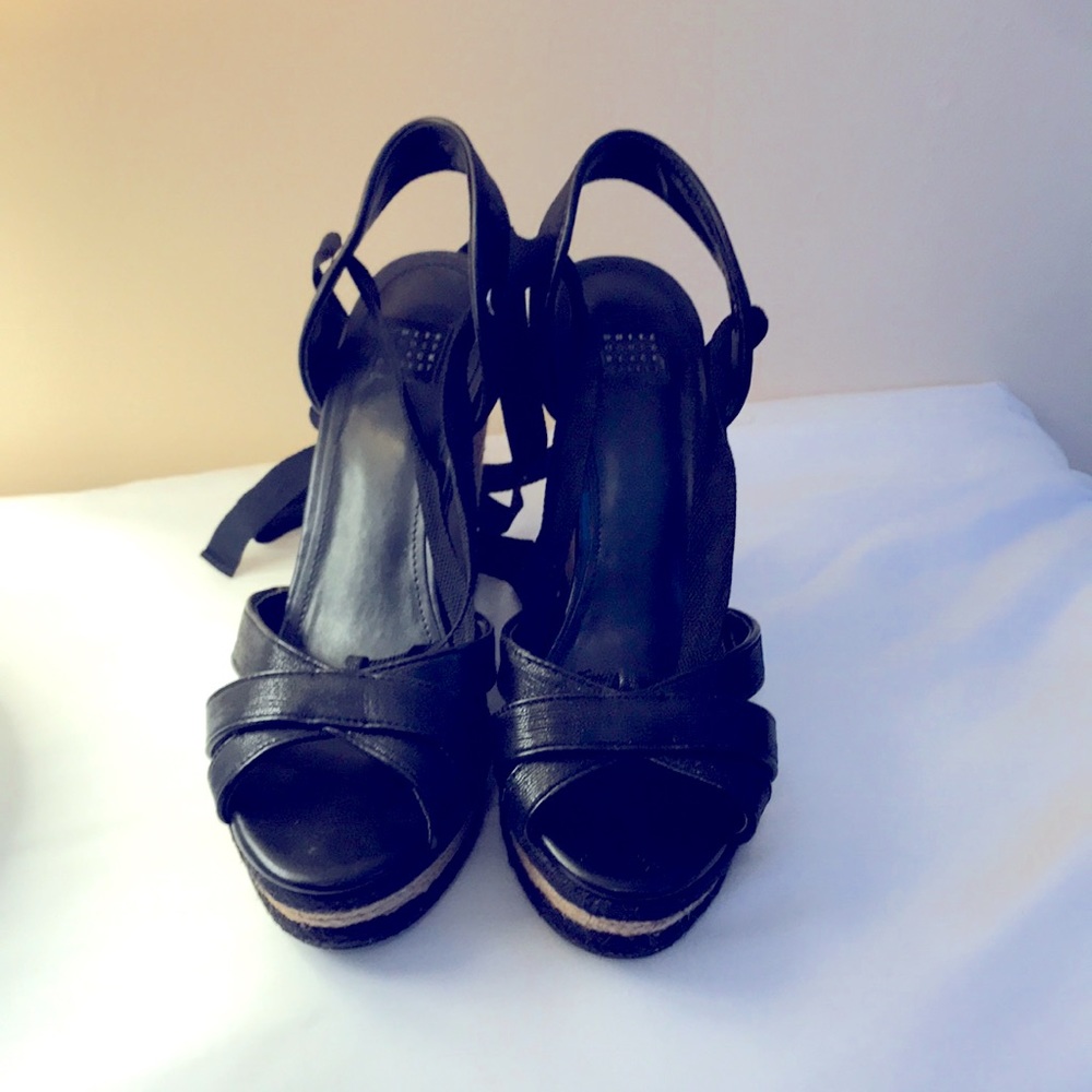 Black wedge espadrille sandals with wrap around ankle straps